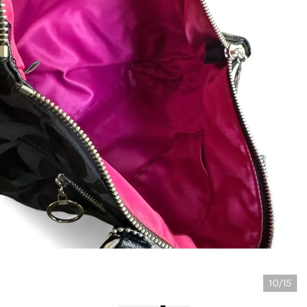 ✨ Coach Poppy Black Signature Tote Pink Satin Lining Patent Trim EUC